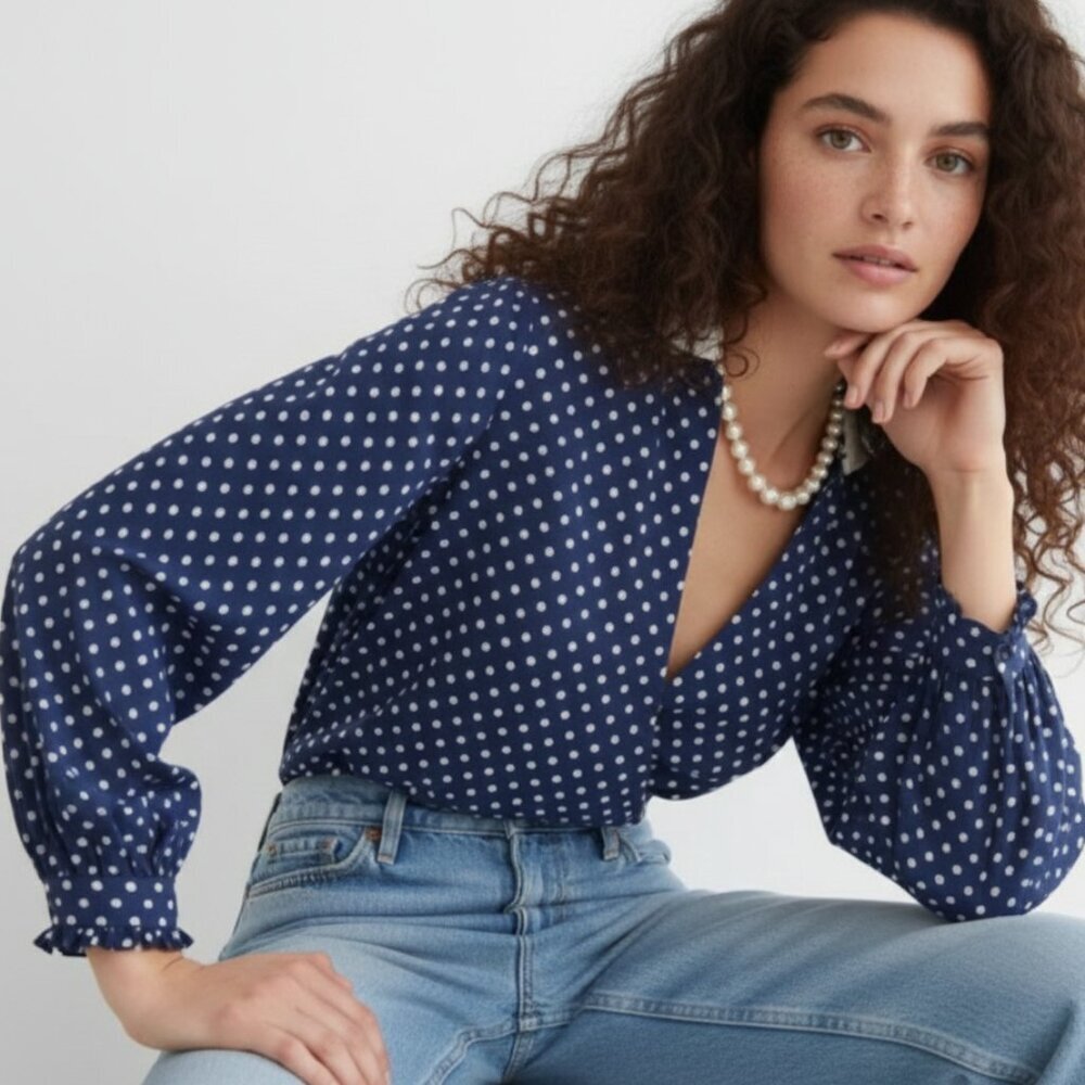 J Crew Drapey cupro-blend ruffle-trim shirt in dot MEDITERRANEAN NAVY